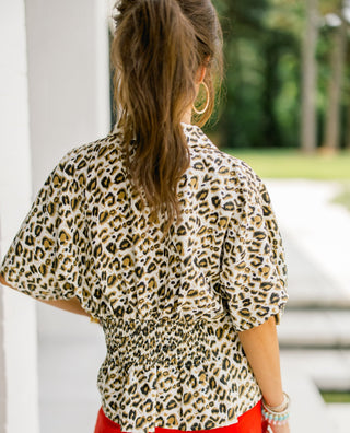 Leopard Print Peplum Button-Down Blouse - Instyle Boutique