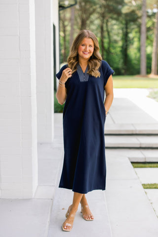 Navy Days Striped Collar Midi Dress - Instyle Boutique