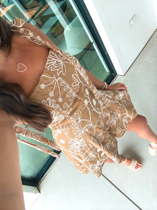 Pick Me Embroidered Romper-Light Brown