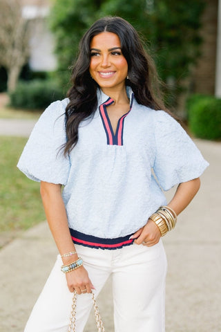 Sky Blue Nautical Stripe Textured Top - Instyle Boutique