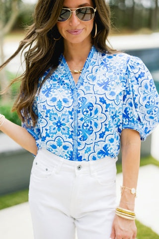 Mediterranean Tile Puff Sleeve Top - Instyle Boutique