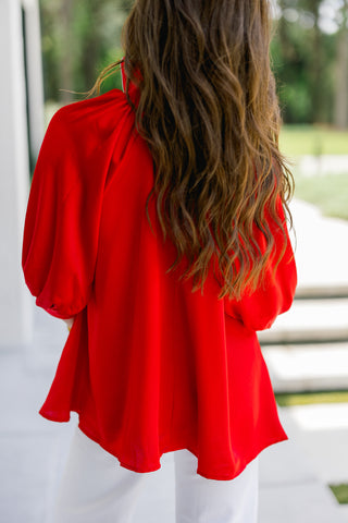 Zip It Up Satin Puff Sleeve Top-Red