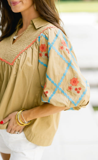Olive You More Embroidered Smocked Top - Instyle Boutique