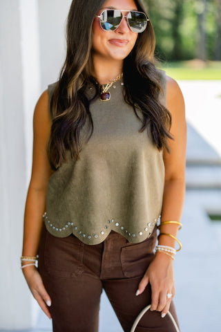 Places To Be Olive Studded Suede Top - Instyle Boutique