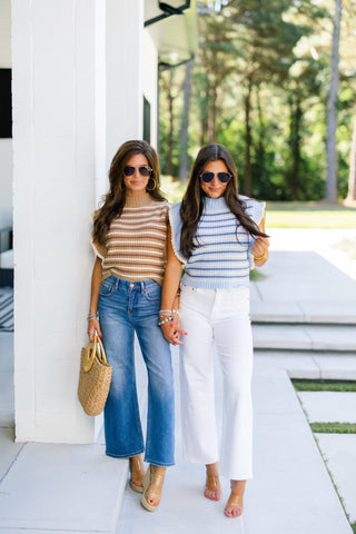 Blue Stripe Ruffle Sleeve Sweater Top - Instyle Boutique