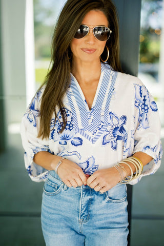 Porcelain Petals Printed Top - Instyle Boutique