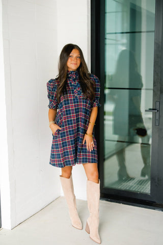 Play It Cool Plaid Ruffle Neck Dress - Instyle Boutique