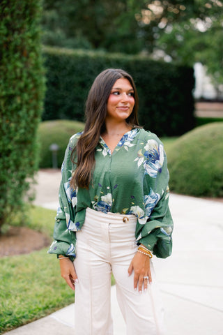 Forest Garden Floral Balloon Sleeve Button Down Top - Instyle Boutique