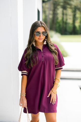 Burgundy Polo Collar Puff Sleeve Mini Dress