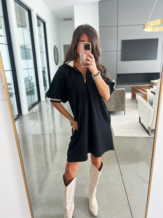 Black Polo Collar Puff Sleeve Mini Dress