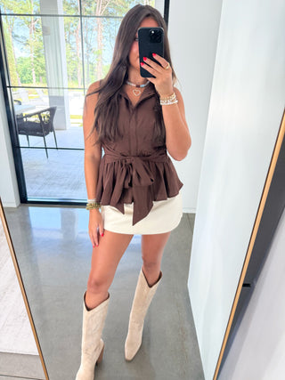 Flutter & Tie Ruffle Top-Brown
