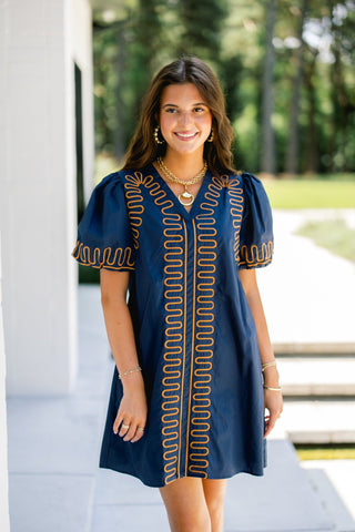 Midnight Navy Stitch Embroidered Puff Sleeve Dress