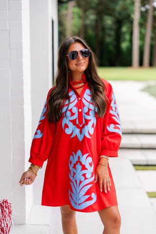 Red Embroidered Ruffle Neck Mini Dress - Instyle Boutique