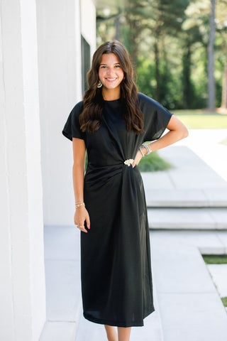 Black Satin Ruched Midi Dress - Instyle Boutique