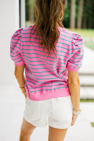 Pink Stripe Puff Shoulder Sweatshirt Top - Instyle Boutique