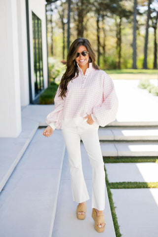 Pink Gingham Snap-Button Pullover