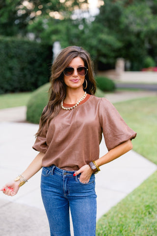 Polished Edge Faux Leather Top-Brown - Instyle Boutique