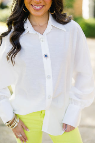 Bejeweled Babe White Button Down - Instyle Boutique