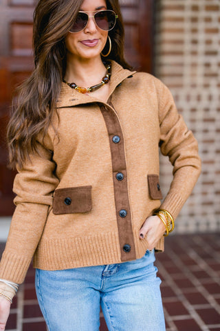 Camel and Suede Trim Sweater - Instyle Boutique