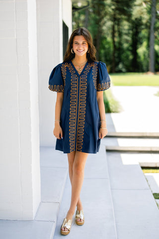Midnight Navy Stitch Embroidered Puff Sleeve Dress