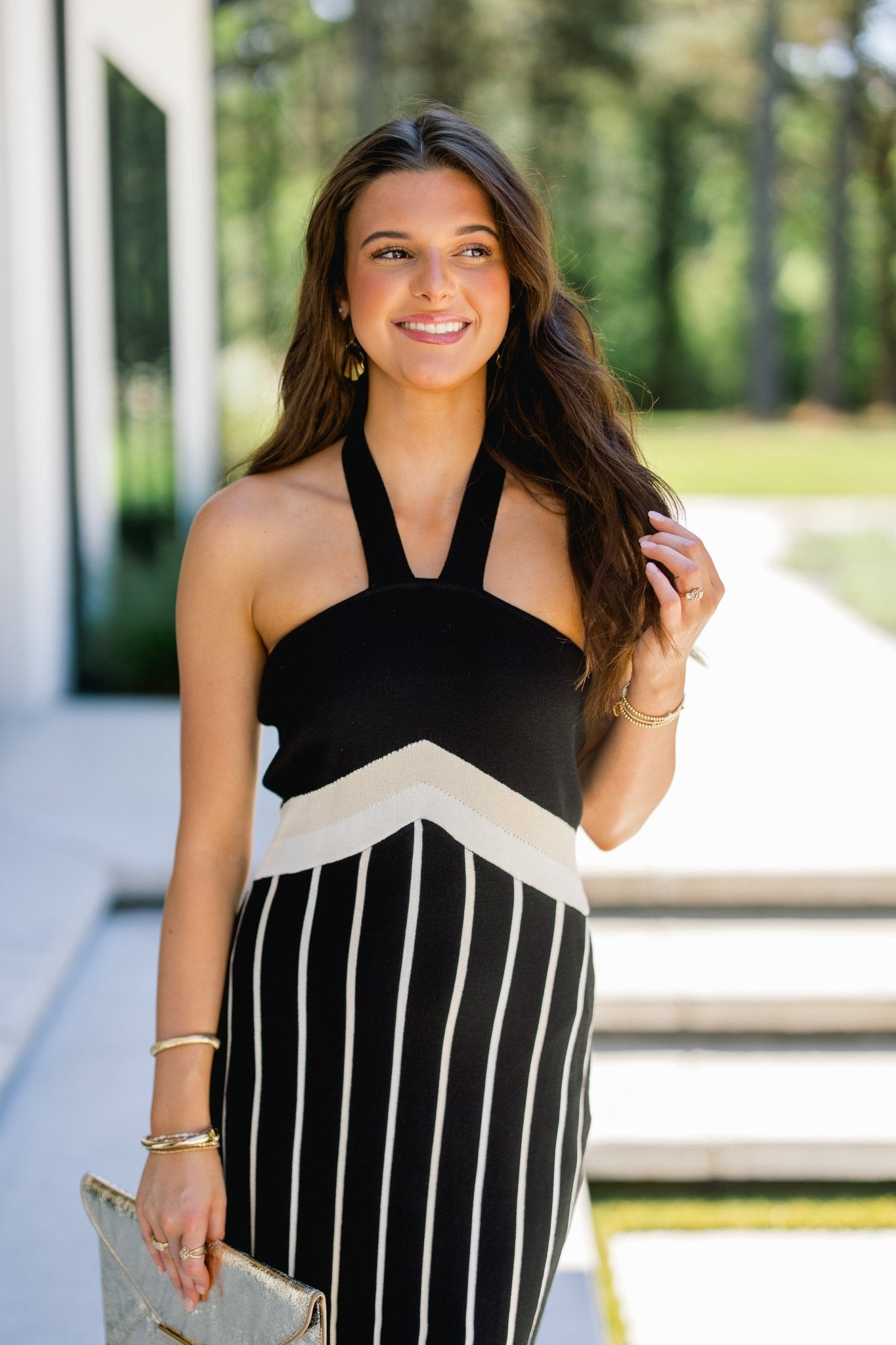 Black & Cream Stripe Cross-Halter Knit Midi Dress | Instyle Boutique