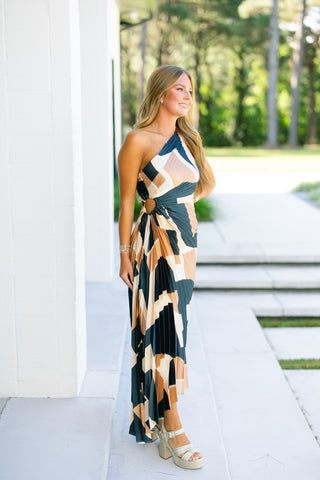 All Dressed Up Pleated Taupe Dress