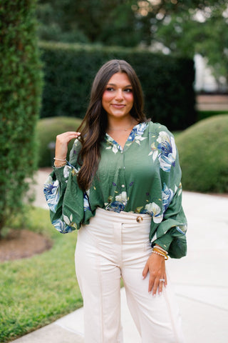 Forest Garden Floral Balloon Sleeve Button Down Top - Instyle Boutique