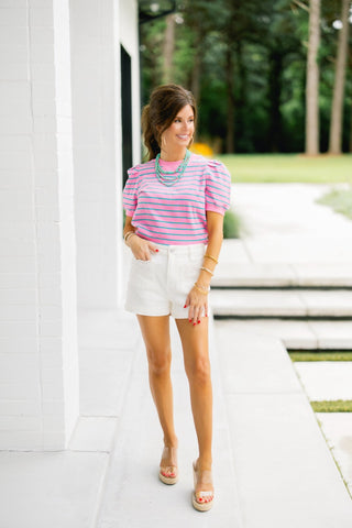Pink Stripe Puff Shoulder Sweatshirt Top - Instyle Boutique
