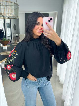Every Now And Then Embroidered Black Top