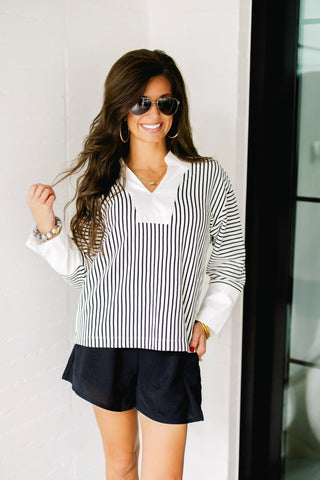Stay Longer Stripe Collared Top - Instyle Boutique