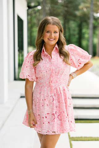 Pink Petal Eyelet Button - Down Dress - Instyle Boutique