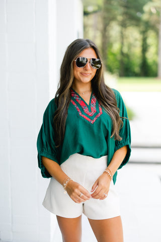 Green Dolman Sleeve Top with Red Plaid Trim