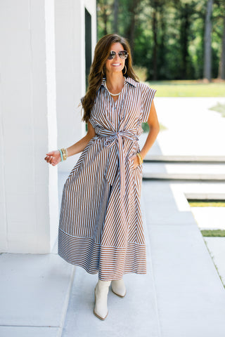Café Society Blue/Brown Stripe Midi Dress