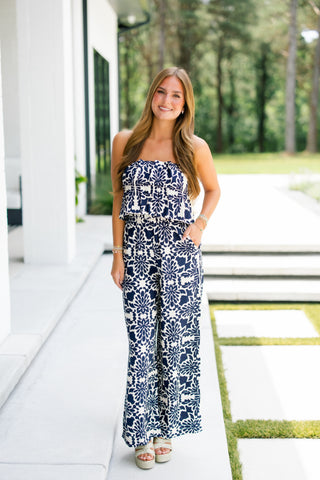 Next In Line Navy Printed Jumpsuit