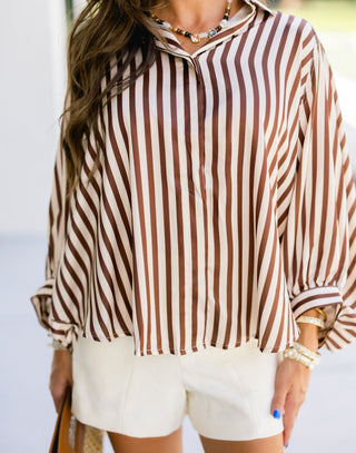 Cabana Stripe Drama Sleeve Button-Down Top - Instyle Boutique
