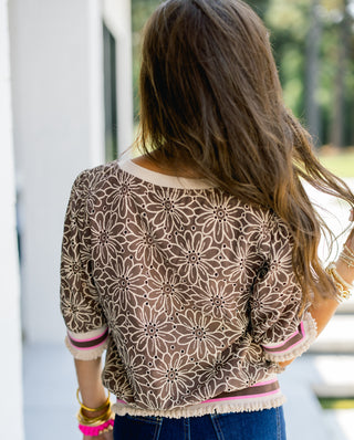Taupe Textured Top with Striped Trim