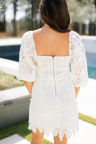 Everly Scalloped Square Neck White Lace Mini Dress - Instyle Boutique