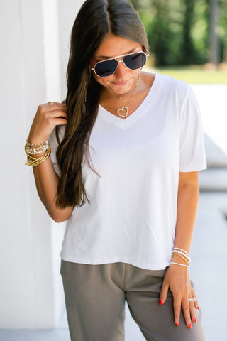 On The Go White V-Neck Tee - Instyle Boutique
