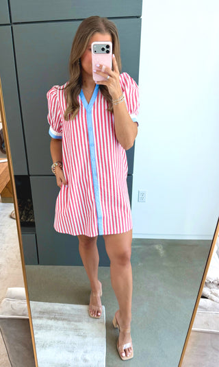 Firecracker Stripe – Puff Sleeve Button - Down Shift Dress - Instyle Boutique