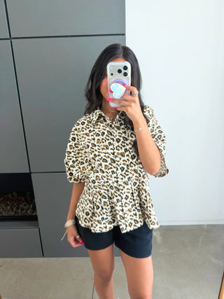 Leopard Print Peplum Button - Down Blouse - Instyle Boutique