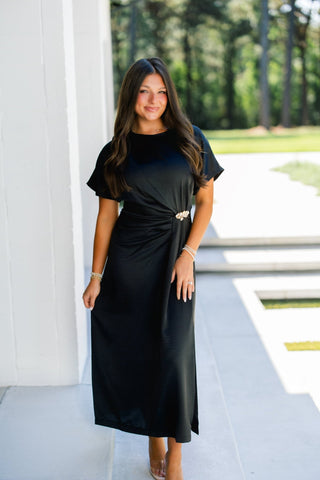Black Satin Ruched Midi Dress - Instyle Boutique