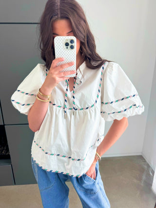 White Embroidered Trim Puff Sleeve Top - Instyle Boutique