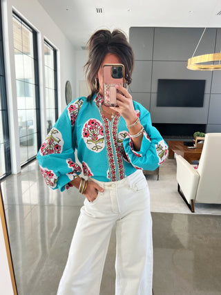 Turquoise Garden Boho Blouse - Instyle Boutique