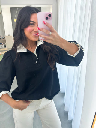 Black Pleated Puff Sleeve Top