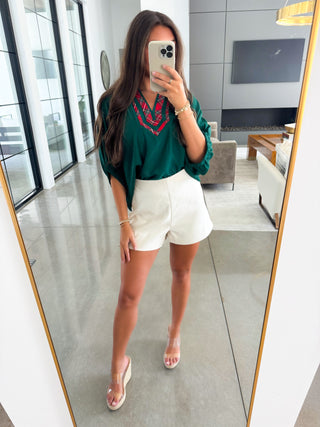 Green Dolman Sleeve Top with Red Plaid Trim