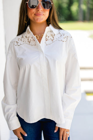 White Lace Cutout Button-Down Shirt - Instyle Boutique