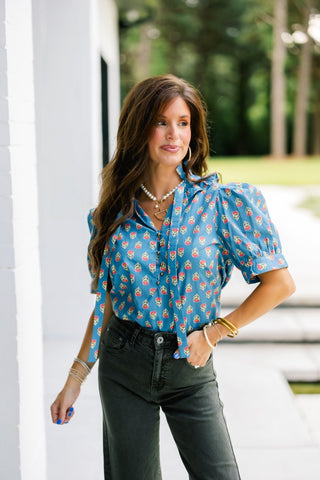 Slate Blue Floral Top - Instyle Boutique