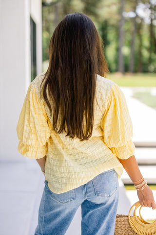 Butter Yellow Textured Puff Sleeve Button - Down Top - Instyle Boutique
