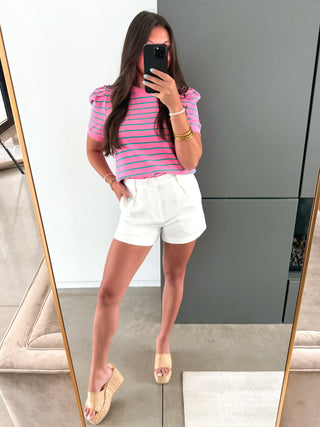 Pink Stripe Puff Shoulder Sweatshirt Top