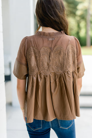 Mocha Lace Faux Leather Babydoll Top